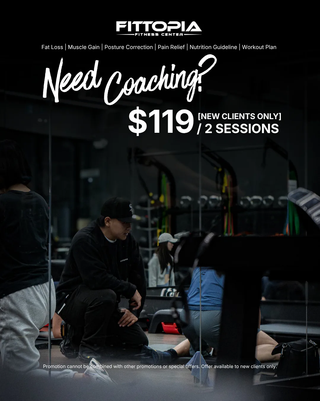 Fittopia Need Coaching promo poster: 2 Personal Training sessions for $119, new clients only